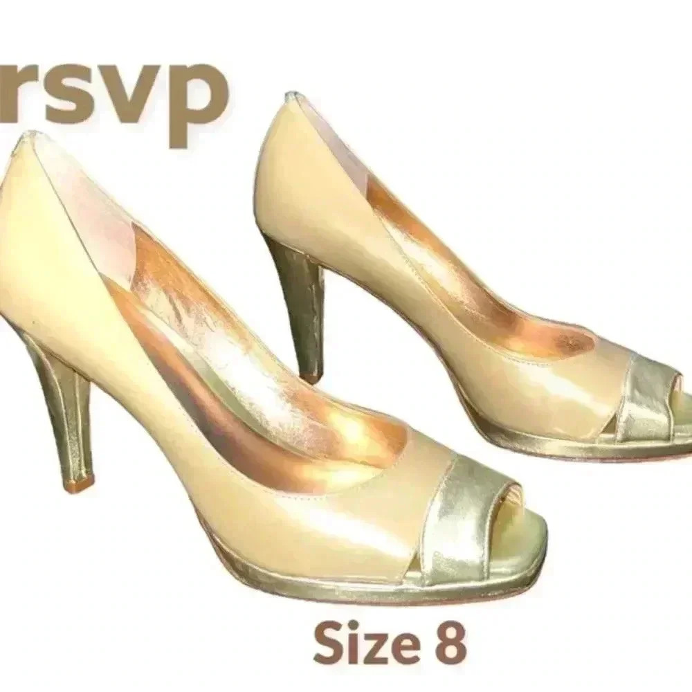 rsvp tan and gold open toe pumps. Gorgeous!!